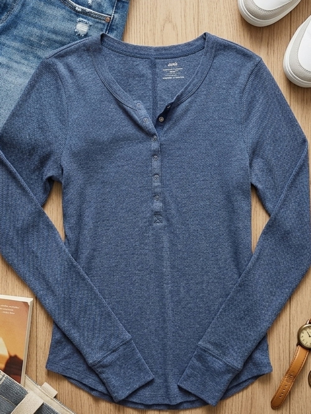 Aerie Navy Long-Sleeve Ribbed Henley